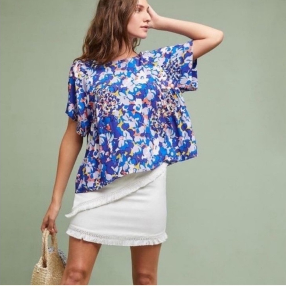 Maeve Anthropologie ‘Milla’ Blue Multicolor Floral Blouse Top